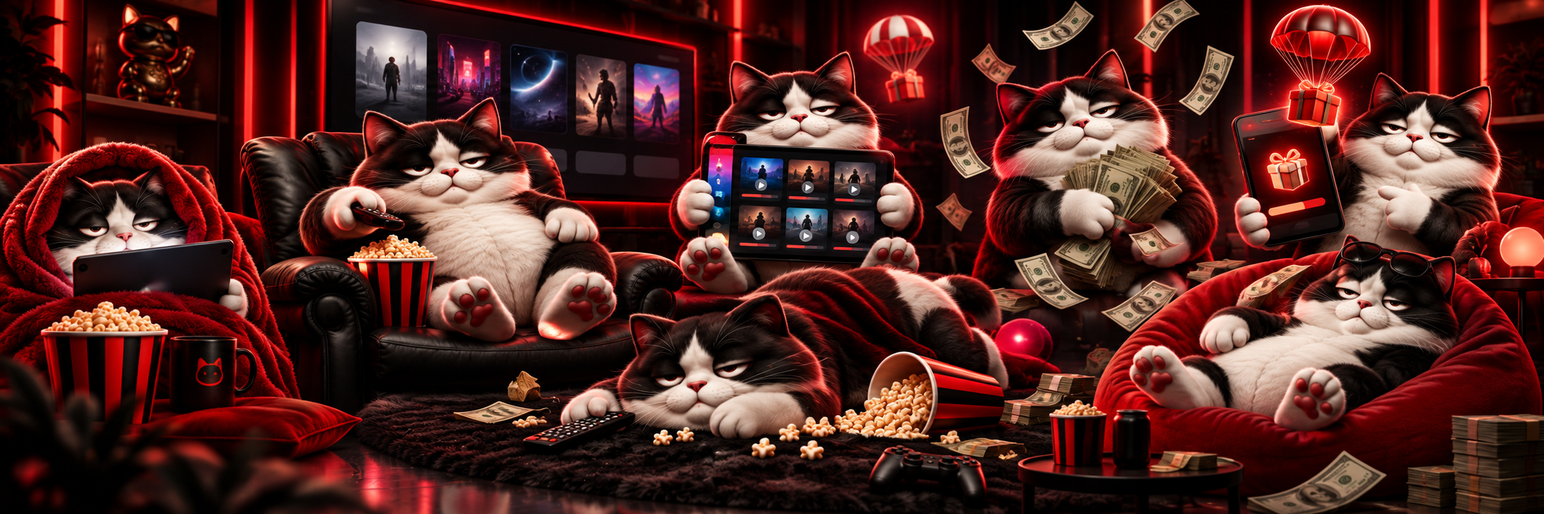 The Binge Cat crew watching shows, lounging, and celebrating illustrated rewards