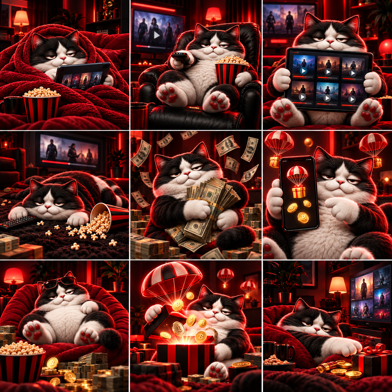 Binge Cat opening a gift box beneath a red parachute